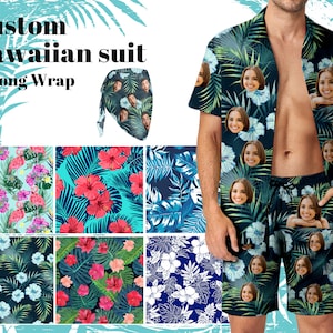 May include: Custom Hawaiian suit with a sarong wrap. The suit features a tropical print with various faces of people. The suit is available in a variety of colors and patterns.