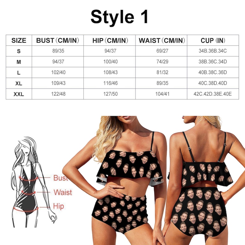 May include: A black and white swimsuit with a high-waisted bottom and a ruffled top. The swimsuit is covered in a pattern of faces. The size chart shows bust, hip, waist, and cup sizes in inches and centimeters.