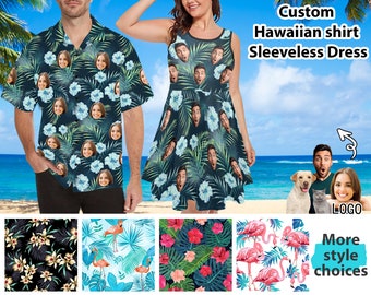 Customize Hawaiian Shirt with Face Custom Summer Floral Beach Dress for Women Personalized Couples Matching Outfit for Vacation Holiday Gift