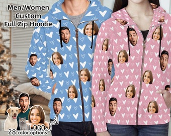 Custom Zip Up Hoodie for Couples Personalized Hoodies with Face Customized Full Zip Sweatshirt Design Your Own Christmas Valentine Gifts