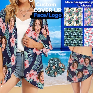 Custom Face Women Kimono Chiffon Cover Up Personalized Hawaiian Style Sarong Wrap Custom Coverup with Photo for Vacation Party family Gifts