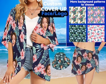 Custom Face Women Kimono Chiffon Cover Up Personalized Hawaiian Style Sarong Wrap Custom Coverup with Photo for Vacation Party family Gifts