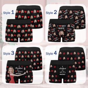 May include: Black boxer briefs with various designs. Style 1 features faces and hearts. Style 2 says "I ❤️ MY WIFE". Style 3 says "I sucked it... so it's mine". Style 4 has faces and lipstick kisses.