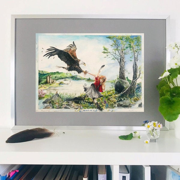 Aquarell Schottland Kunstdruck, Realistische Adler Illustration, Frühling Poster, Natur, Loch, Schloss, Raubvögel, Wassertiere, Blumenwiese