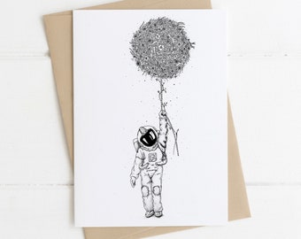 Postcard with a hand-drawn illustration of a cosmonaut levitating on a bouquet of flowers