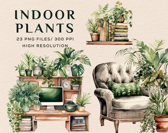 Indoor Plants Watercolor Clipart,  Watercolor Plants Clipart, Houseplants Watercolor Clipart, Potted Plants Clipart, Garden House Clipart
