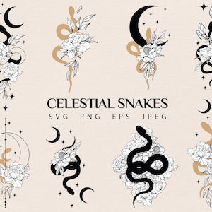 Cobra Celestial Svg, Cobra Floral Svg, Cobra Mística Svg, Cobra Floral Celestial, Lua svg, Boho cobra clipart, Cobra Mística Png