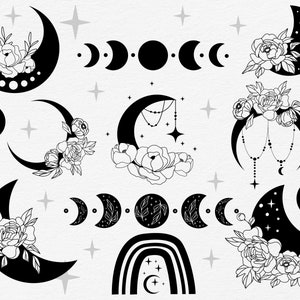 Floral Moon SVG Bundle, Celestial Svg, Boho Moon Svg, Moon phases svg, Moon Svg, Moon Clipart tshirt, Moon Silhouette Svg