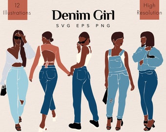 Denim Girl Clipart, Fashion Girl Clipart, Jeans Girl Clipart, African American Clipart, Afro Girl Clipart