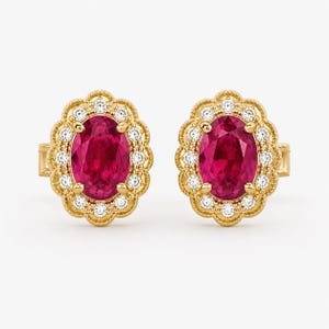 Robijnrode edelsteenoorbellen, ovale robijnrode oorknopjes, moissaniet, 14K/ 18k/20k/vergulde oorbellen, vintage bloemenoorbellen, cadeau voor haar