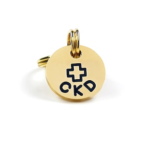 1/2″ Medical Alert Pet Tag | Pre-Engraved CKD, Microchipped, Indoor Only, or ESA Tag | Gold Brass or Nickel Silver ID Tag for Cats and Dogs