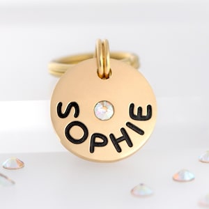 3/4&quot; Small Dog Tag with Rhinestone Crystal | Custom Pet Tag with Gem | Fancy Cat Tag | Engraved Pet ID Tag | Custom Dog Name Tag | Gold