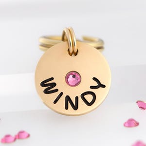 3/4&quot; Small Personalized Cat Name Tag with Gemstone | Deeply Engraved Brass Pet ID for Cats, Dogs and Small Pets | Birthstone ID Tags | Gold