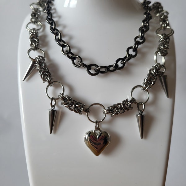 Two tone metal handmade chainmail necklace with heart and spike charms. Stainless steel jewellery. One of a kind piece.