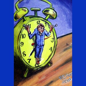 May include: A green alarm clock with a man nailed to the face. The man is wearing a blue shirt and has a distressed expression. The clock face has Roman numerals and the hands are pointing to 12 and 3. The clock is sitting on a wooden surface. The artist's signature and the year 2010 are visible in the bottom right corner.