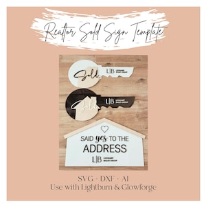 以下が含まれることがあります： 鍵と「Said yes to the address」と「LIB Lockhart Bailey Group」の文字が書かれた、白、黒、木製の家の形をした看板。この看板は、家が売れたときに不動産業者に使用するためのテンプレートです。