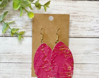 Pink earrings with gold accent, Fringe feather earrings