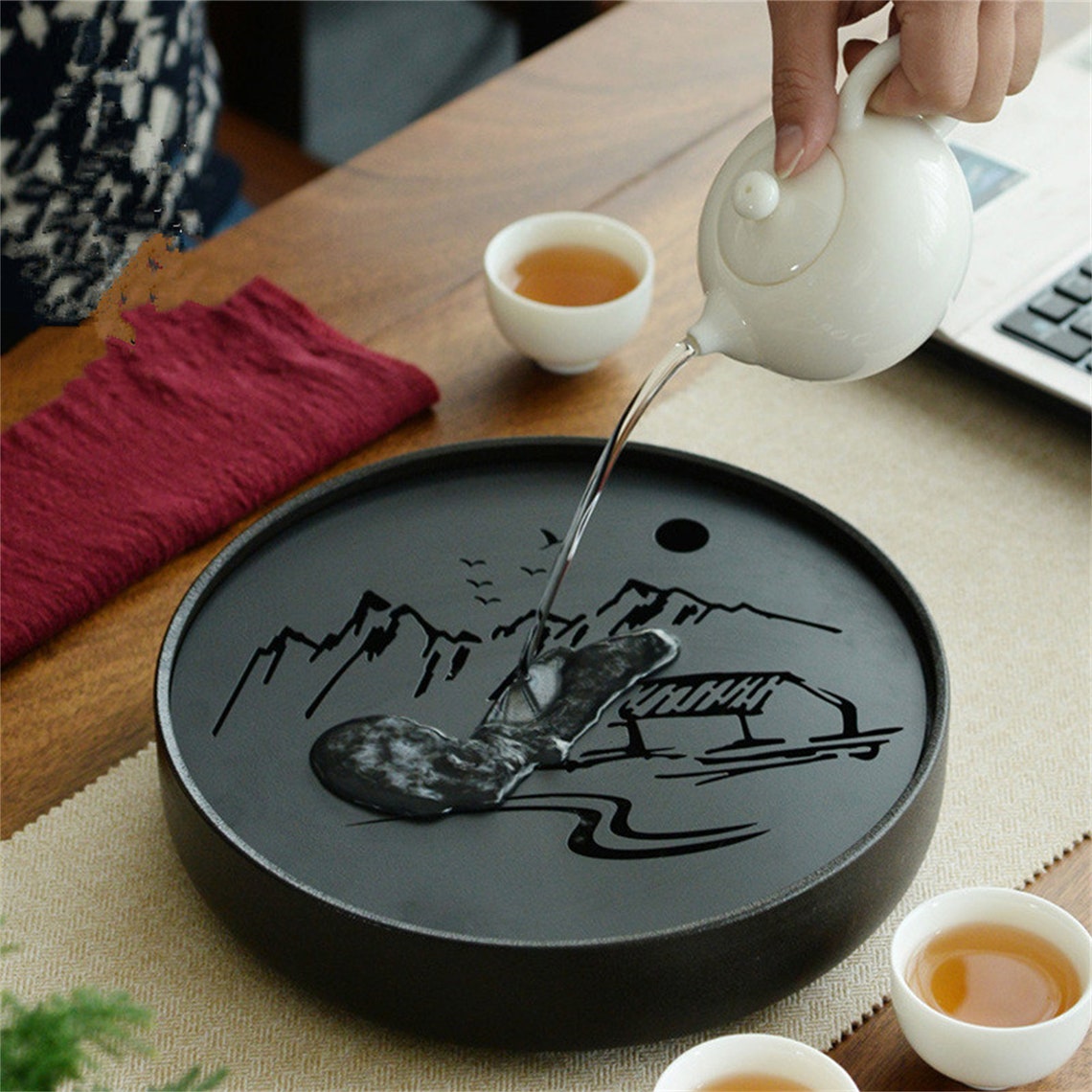 Handmade ceramic round tea tray household dry tea tray Etsy