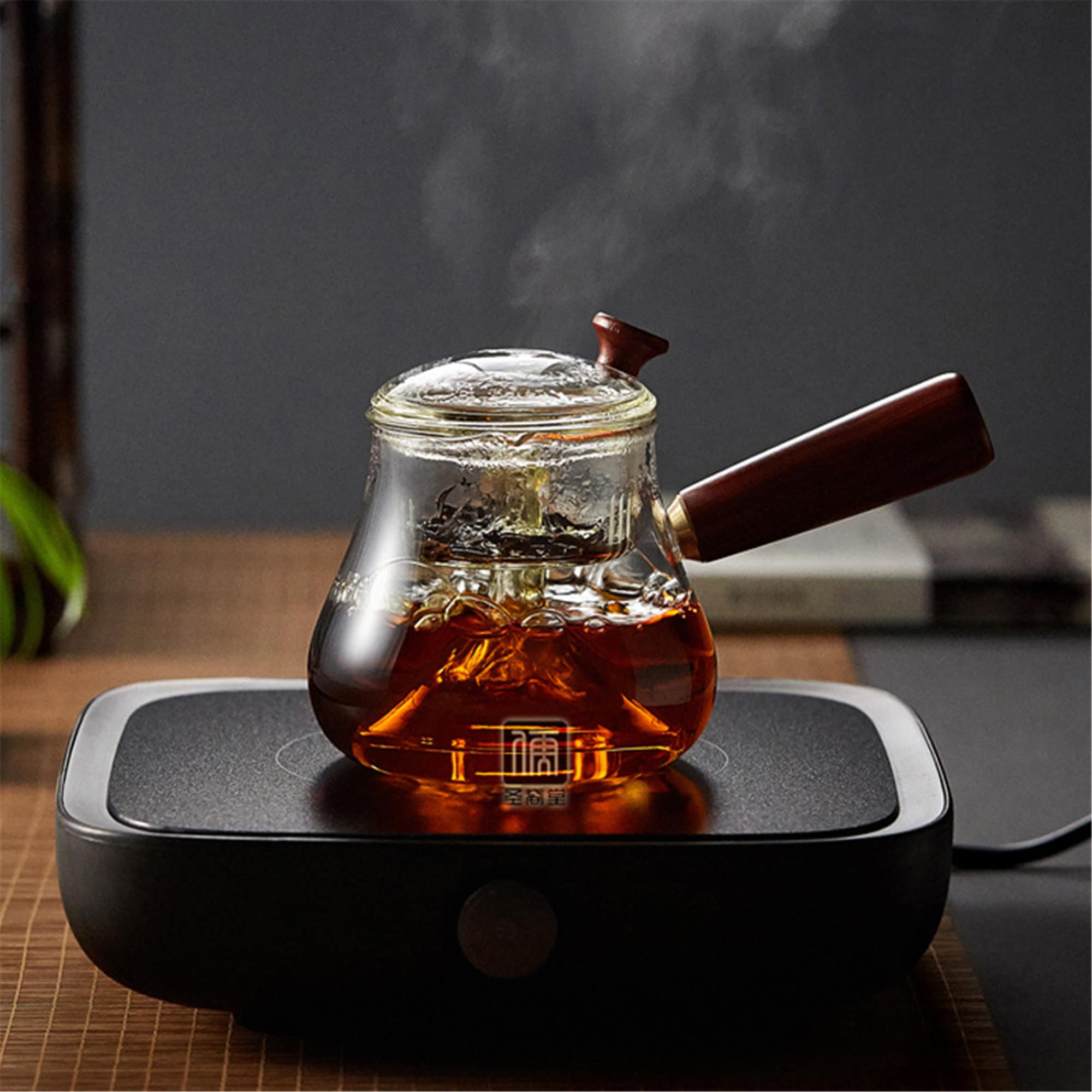 Heatresistant glass steaming teapot with solid wood side Etsy