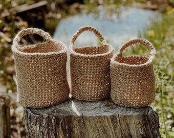 Jute crochet hanging baskets, Set of 3. Bathroom Kitchen Basket