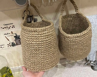 Handmade Jute Hanging Basket XL – Crochet Wall Basket, Boho Home Decor, Natural Storage