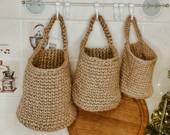 Jute hanging basket. Hanging fruit baskets. Basket wall decor Set of 2, Set of 3 Baskets hanging.