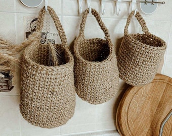 Jute natural crochet hanging baskets. Wall hanging storage baskets. Set of 2, Set of 3  Boho Basket.