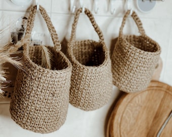 Jute Hanging Basket Set of 3 – Handmade Crochet Kitchen Bathroom Storage, Boho Home Decor