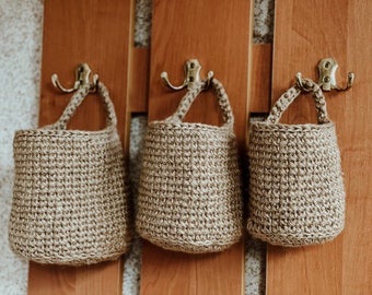 Set of 3 Boho Basket. Wall hanging storage baskets. Jute crochet hanging baskets. Zero-waste food storage,