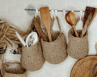 Storage baskets in the kitchen, bathroom. Jute crochet hanging baskets. Hanging Wall Baskets. Set of 2, Set of 3 Baskets hanging.