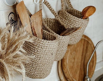 Crochet Basket in the kitchen. Jute crochet hanging baskets. Hanging Wall Baskets. Set of 2, Set of 3 Wall planter indoor.