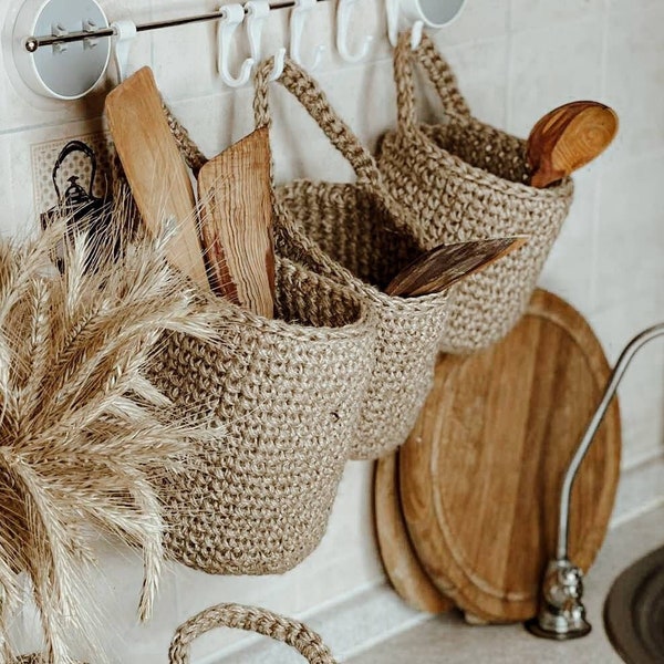 Crochet Basket in the kitchen. Jute crochet hanging baskets. Hanging Wall Baskets. Set of 2, Set of 3 Wall planter indoor.