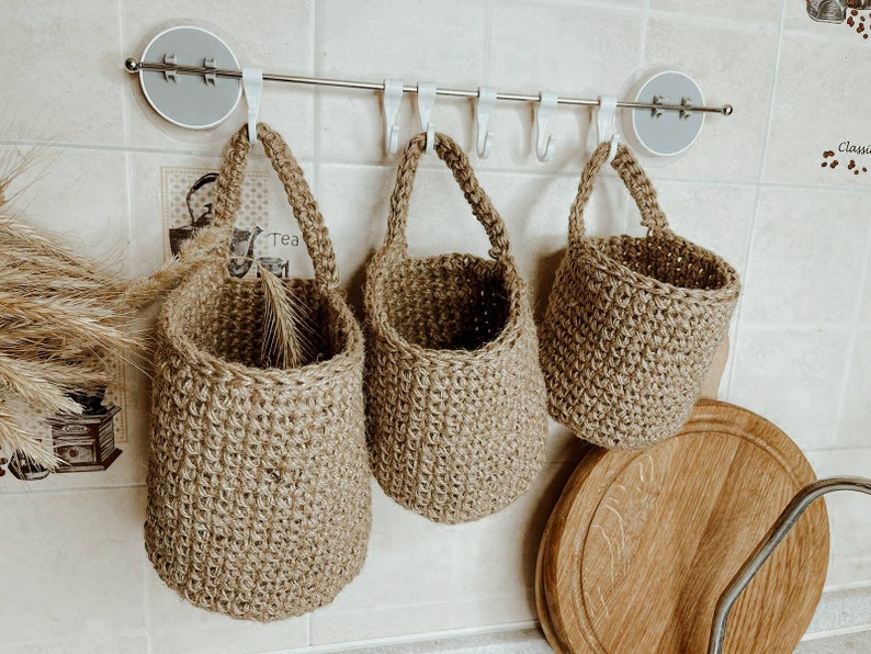 Jute crochet hanging baskets Pattern. Hanging planter Pattern. Boho nursery decor. Jute basket crochet tutorial image 1