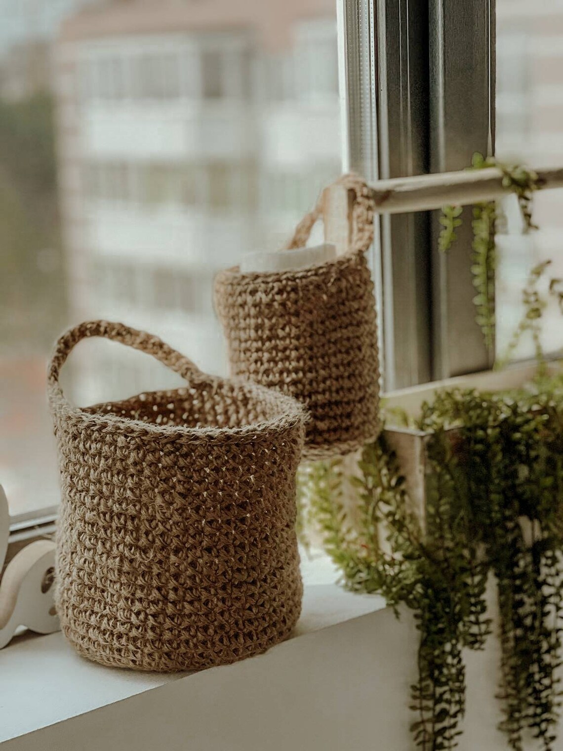 Jute natural crochet hanging baskets. Wall hanging storage Etsy