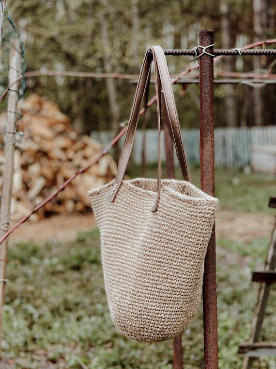 Jute Bag With Leather Handles. Crochet Tote Bag Jute. Etsy Canada