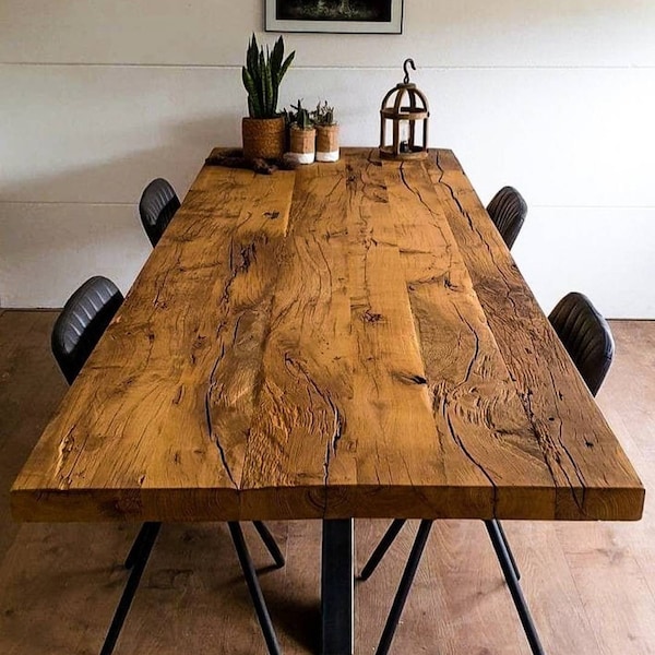 Grande table en chêne, TRÈS ANCIENNE Table en bois patiné chêne, Table à bord droit, Table à manger en bois rustique en chêne naturel, Meubles de salle à manger