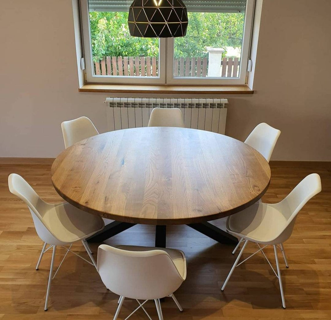 Round Solid Oak Wood Dining Table | MCM Dine Table With Industrial ...
