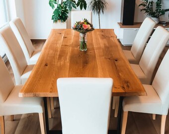 HOUTEN EETTAFEL, eettafel met metalen poten, eiken keukentafel, trendy eettafel, massief eikenhouten eettafel met metalen U-vormige poten