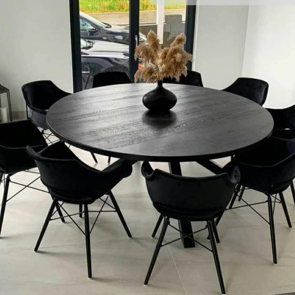 Table de salle à manger ronde en bois de chêne massif | Table de salle à manger MCM avec pieds en métal industriels | Table de salle à manger circulaire pour déco de ferme moderne et rustique