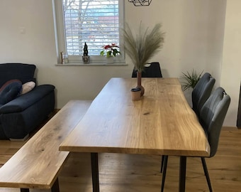 HOLZ ESSTISCH, Esstisch und Bank, Eiche Küchentisch, Trendy Esstisch, Massiver Esstisch aus Eichenholz Mit U-Form Metallbeinen