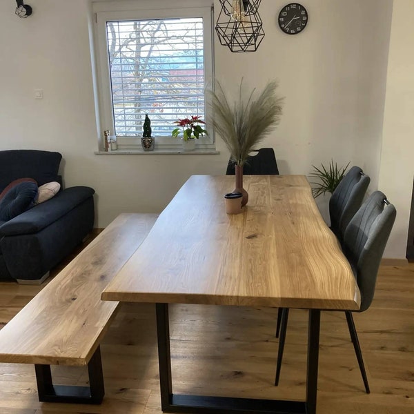 Table à manger en bois, cadeau pour papa, table à manger, cadeau pour mère, table à manger tendance, table à manger en bois de chêne massif avec pieds en métal en forme de U