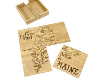 Maine Landmark and State Destination Puzzle Coaster Set 4 Coasters with Case Makes a Unique Housewarming or Wedding Gift