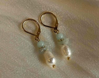 Drop Earrings “Lyra” Aquamarine, 22k Gold Plated, Freshwater Pearl Earrings, Handmade Gemstone Jewelry, Gift for Her, Placeofspirit