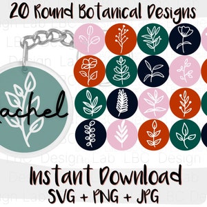 May include: A digital graphic set titled 20 Round Botanical Designs featuring twenty circular icons with white line-art plant illustrations on pink, orange, dark green, and navy backgrounds. A sample keychain shows the name Rachel in black script.