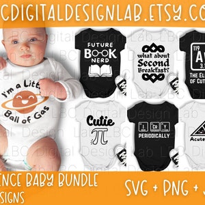 Könnte beinhalten: Eine Sammlung von sieben Baby-Bodys mit wissenschaftlichen Grafiken und Texten, darunter Designs wie 'I'm a little ball of gas' mit einem Planeten, 'Future Book Nerd', 'What about Second Breakfast?', 'The Element of Cuteness', 'Cutie Pi', 'I Cry Periodically' und 'Acute Baby'.