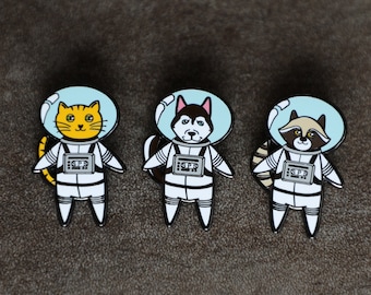 Husky, Waschbär, Katze Weltraum Tiere Set Hart Emaille Pins Geschenk