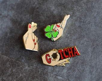 Crossed Fingers, Love Sign and Gotcha Hands set Hard Enamel Pins Gift