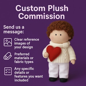 May include: A custom plush commission guide with a cartoon illustration of a plush doll holding a red heart. The guide includes instructions for sending a clear reference image, preferred materials, and any specific details or features.