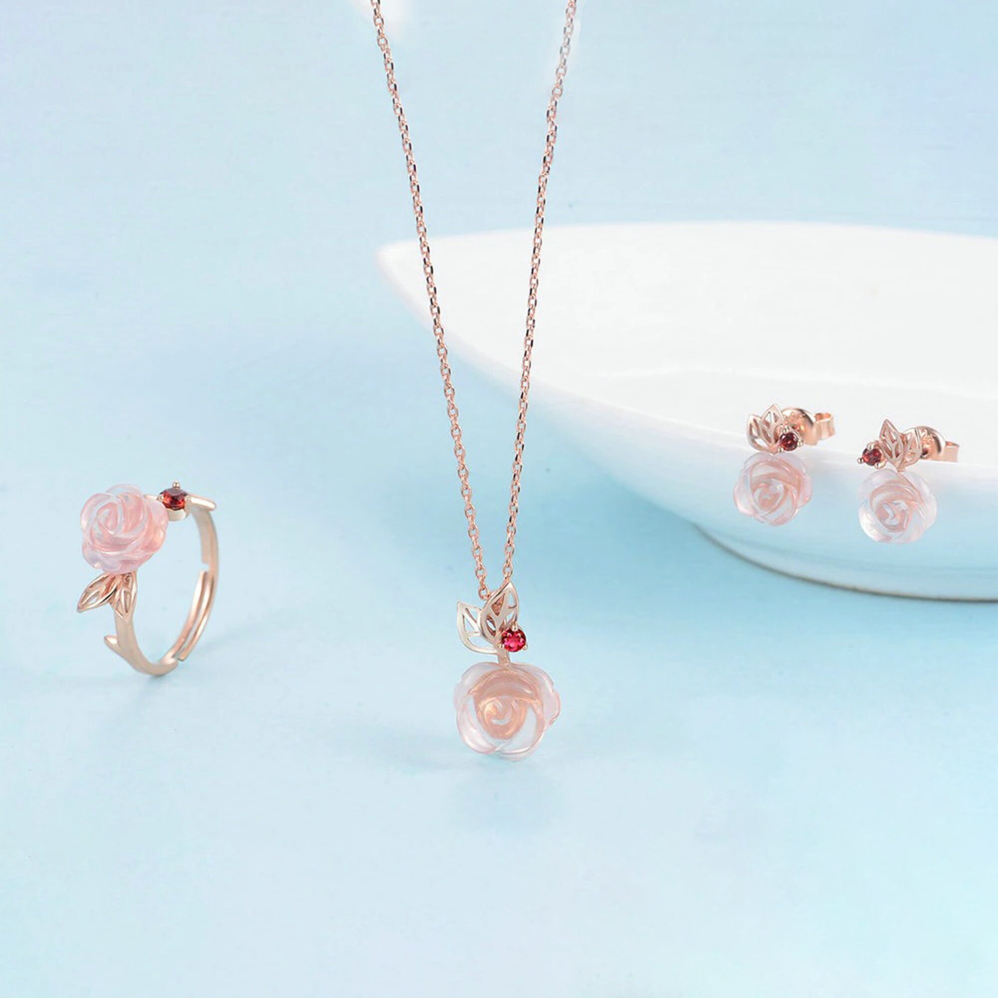 Rose Flower 925 Sterling Silver Jewelry set Rose Quartz | Etsy