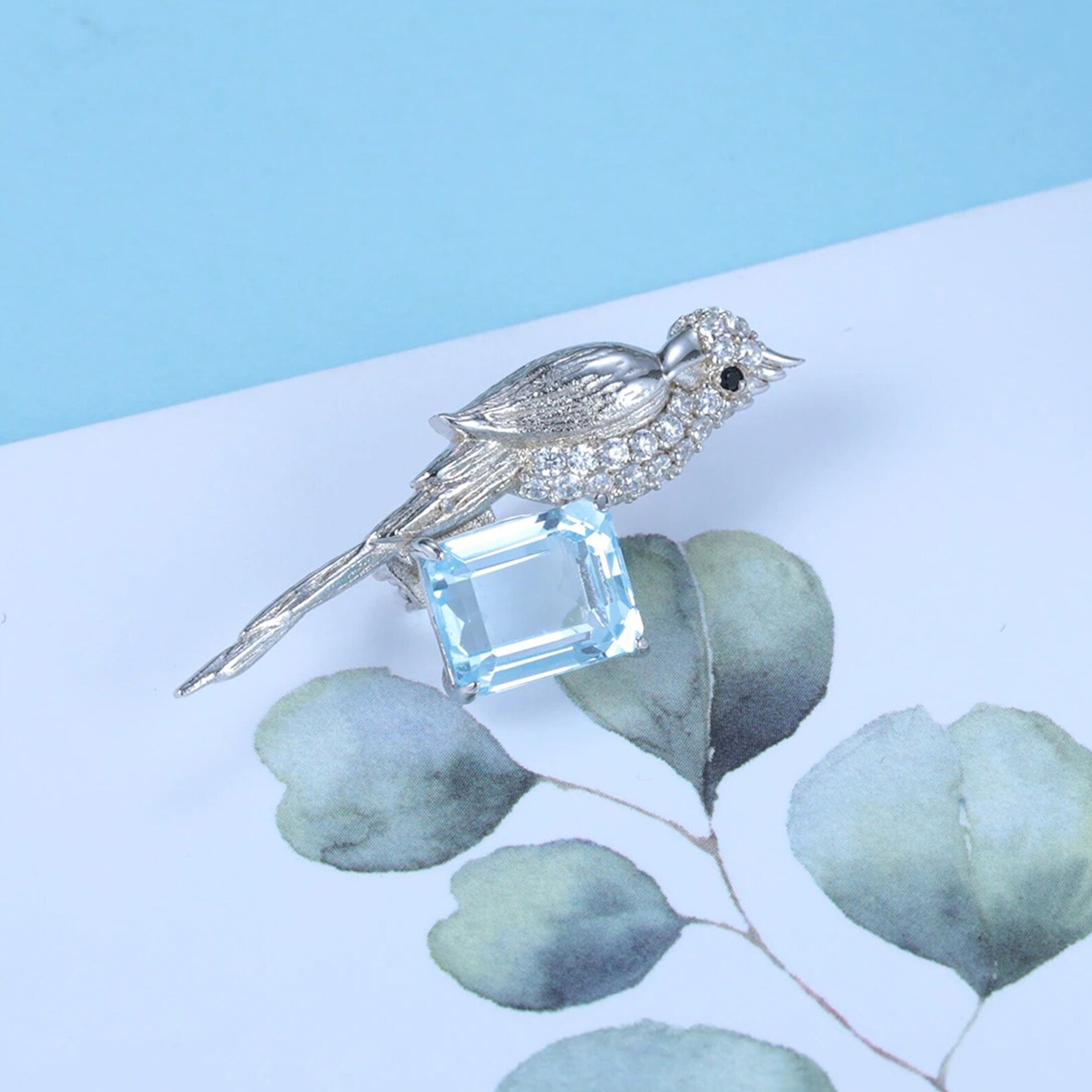 Natural Sky Blue Topaz Gemstone Handmade Bird Brooch
